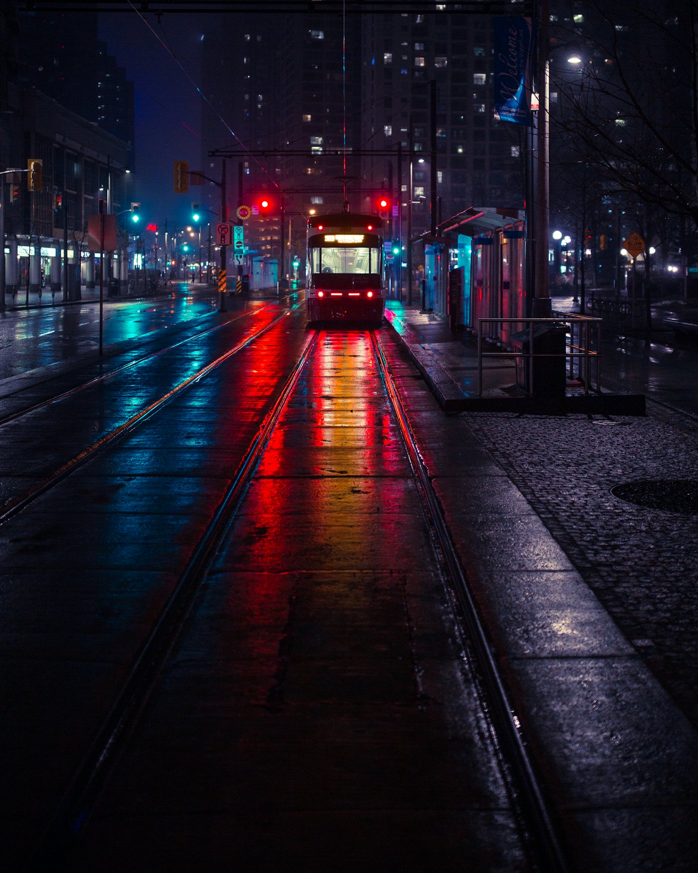 City street illuminated at night in St. Charles, Missouri